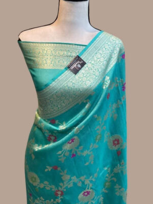 Turquoise Green Banarasi Embroidered Saree